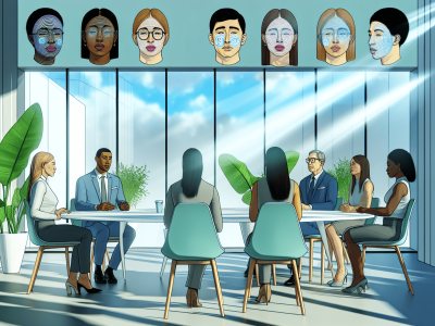 Servidores públicos em mesa oval, discutindo ideias com empatia e compreensão em ambiente colaborativo.