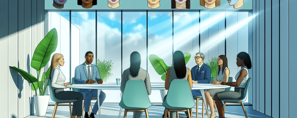 Servidores públicos em mesa oval, discutindo ideias com empatia e compreensão em ambiente colaborativo.