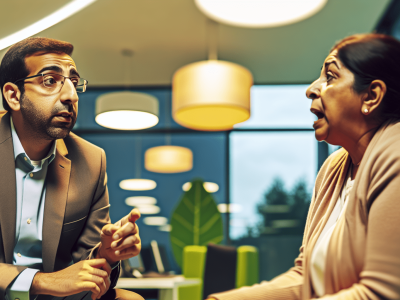 Servidor público em atendimento com inteligência emocional em sala moderna, expressando empatia e acolhimento.