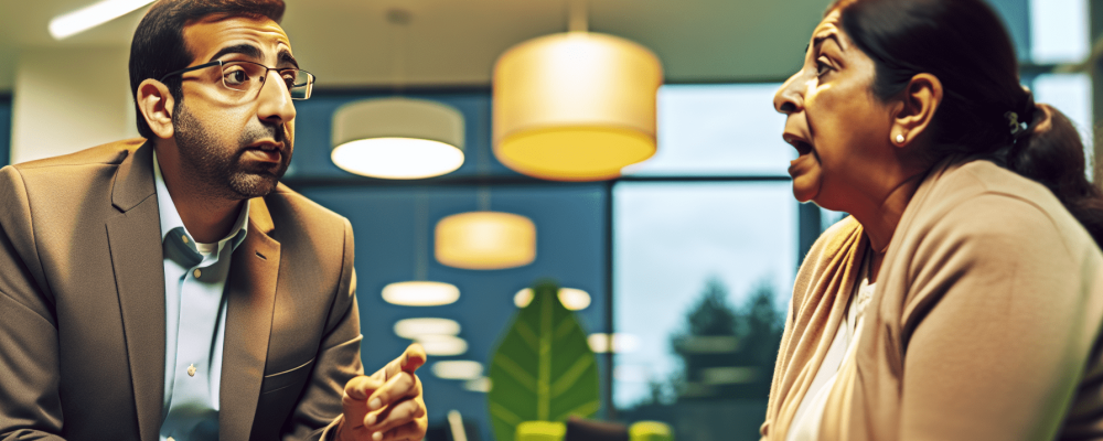 Servidor público em atendimento com inteligência emocional em sala moderna, expressando empatia e acolhimento.