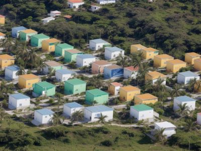 Agentes comunitários de saúde interagindo com moradores em comunidade acolhedora, promovendo saúde e conexão.