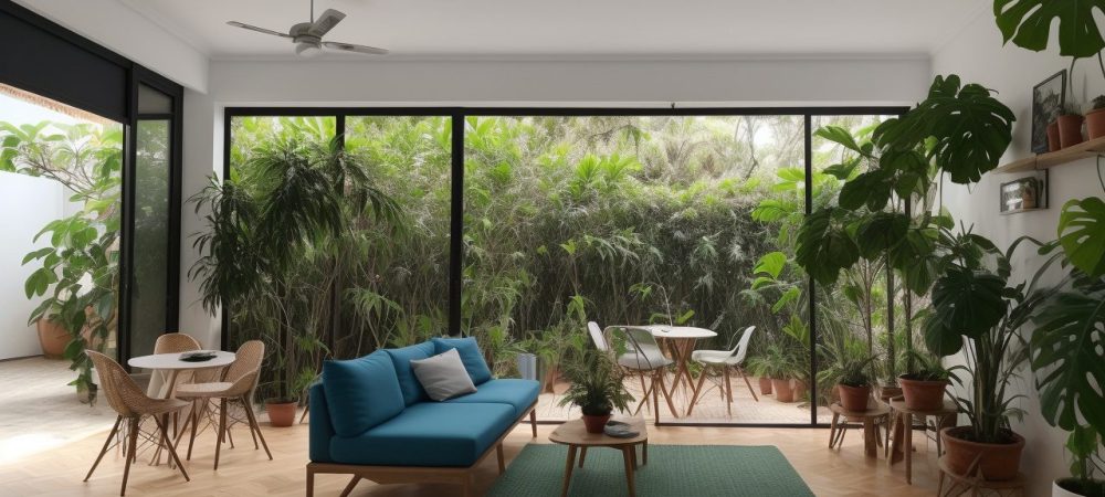 Diversos colaboradores discutindo em uma sala moderna sobre gestão de pessoas, cercados por plantas.