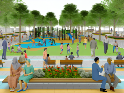 Parque público revitalizado com crianças e adultos, destacando o zelo pelo patrimônio público.