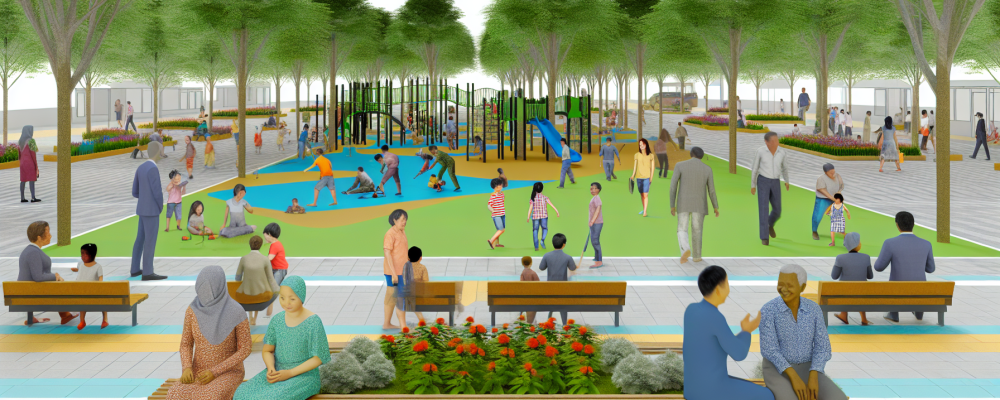 Parque público revitalizado com crianças e adultos, destacando o zelo pelo patrimônio público.