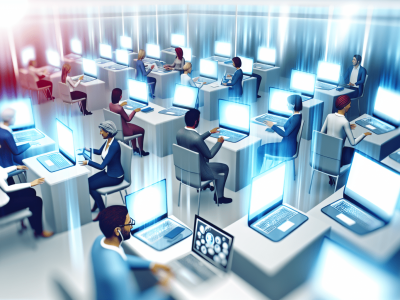 Grupo de servidores públicos interage em ambiente virtual de aprendizagem, usando notebooks e tablets.