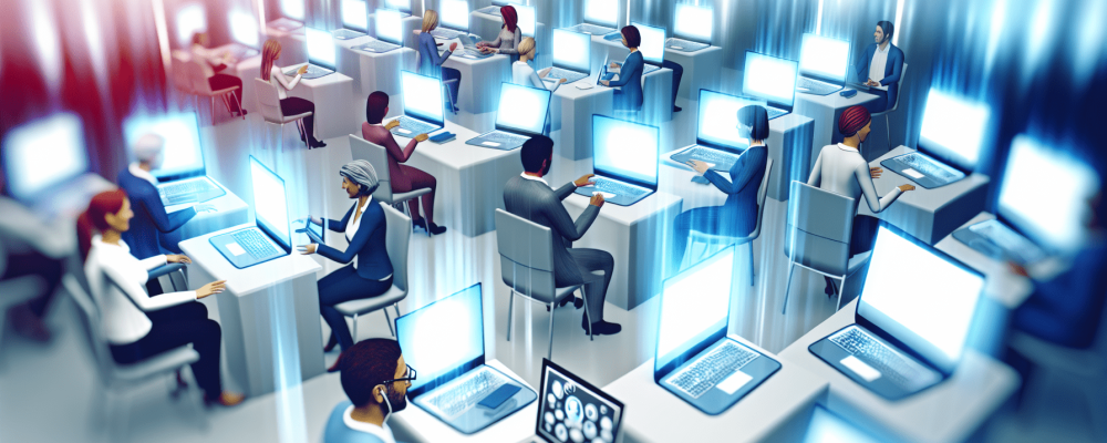 Grupo de servidores públicos interage em ambiente virtual de aprendizagem, usando notebooks e tablets.