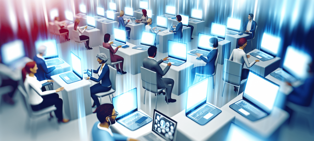 Grupo de servidores públicos interage em ambiente virtual de aprendizagem, usando notebooks e tablets.