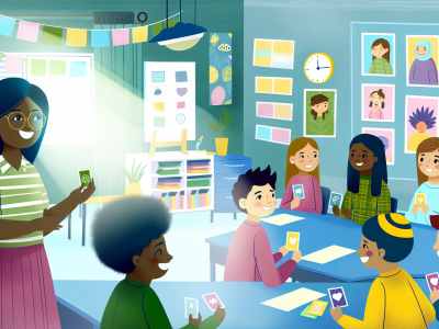 Sala de aula moderna com alunos compartilhando emoções sob o olhar atento de um professor empático, destacando comunicação não violenta.