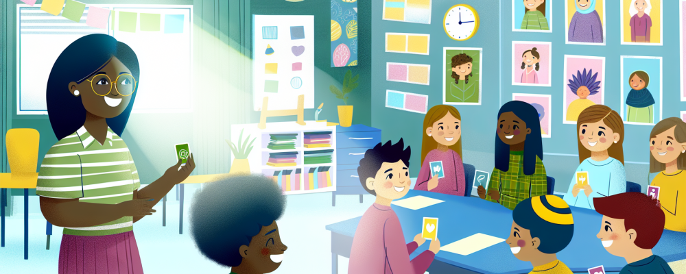 Sala de aula moderna com alunos compartilhando emoções sob o olhar atento de um professor empático, destacando comunicação não violenta.