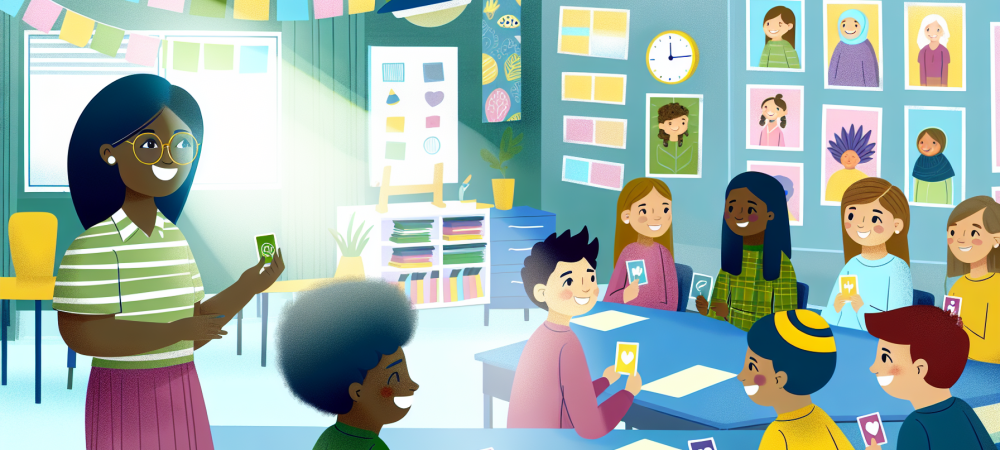 Sala de aula moderna com alunos compartilhando emoções sob o olhar atento de um professor empático, destacando comunicação não violenta.