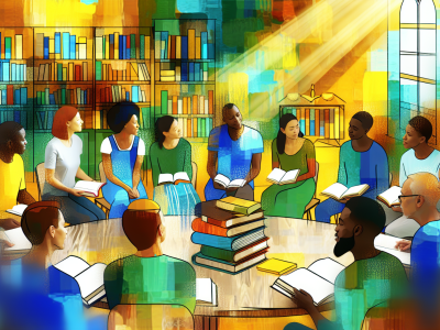 Grupo diversificado em ambiente comunitário participando de estudo bíblico cristão protestante, cercados por livros teológicos