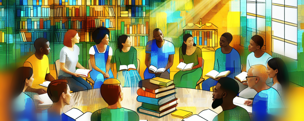 Grupo diversificado em ambiente comunitário participando de estudo bíblico cristão protestante, cercados por livros teológicos