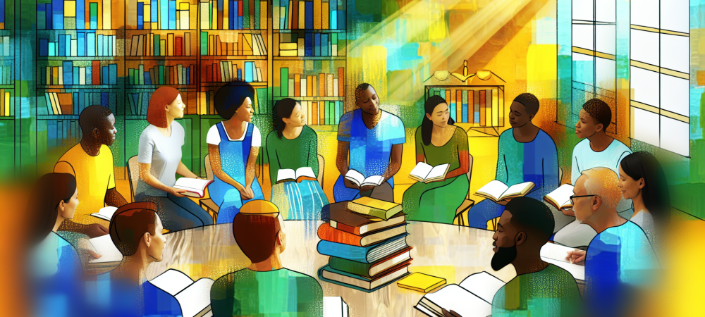 Grupo diversificado em ambiente comunitário participando de estudo bíblico cristão protestante, cercados por livros teológicos