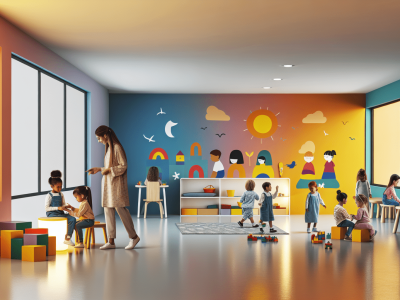 Sala de aula moderna com crianças autistas interagindo, educador assistindo, blocos de construção e cores vibrantes.