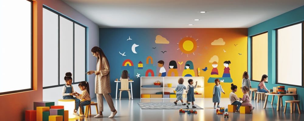 Sala de aula moderna com crianças autistas interagindo, educador assistindo, blocos de construção e cores vibrantes.