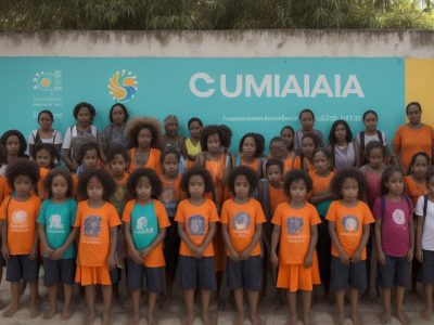 Grupo diverso usando Libras em centro comunitário com cartazes sobre cultura surda, criando ambiente acolhedor e inclusivo