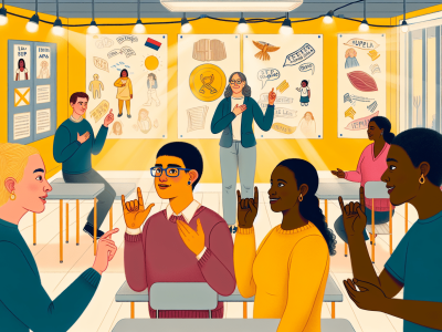 Educadores e alunos surdos interagem em LIBRAS em uma sala de aula inclusiva com cartazes sobre língua brasileira de sinais.