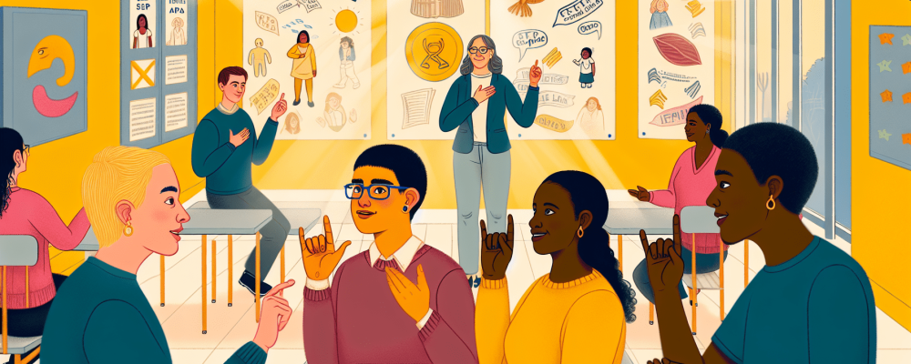 Educadores e alunos surdos interagem em LIBRAS em uma sala de aula inclusiva com cartazes sobre língua brasileira de sinais.