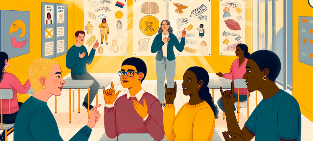 Educadores e alunos surdos interagem em LIBRAS em uma sala de aula inclusiva com cartazes sobre língua brasileira de sinais.