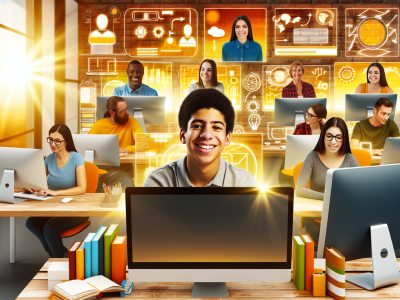 Alunos diversos em uma sala de aula virtual moderna, interagindo com gráficos e computadores em ambiente EAD.