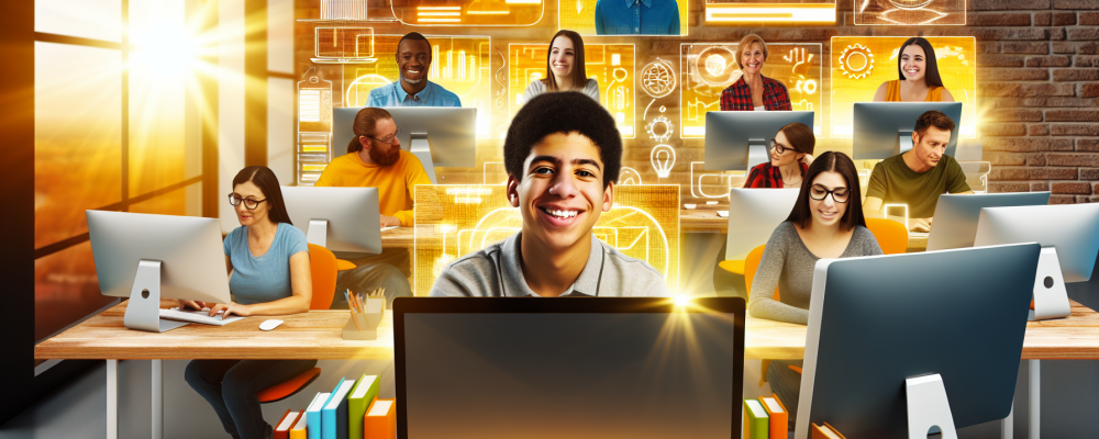 Alunos diversos em uma sala de aula virtual moderna, interagindo com gráficos e computadores em ambiente EAD.