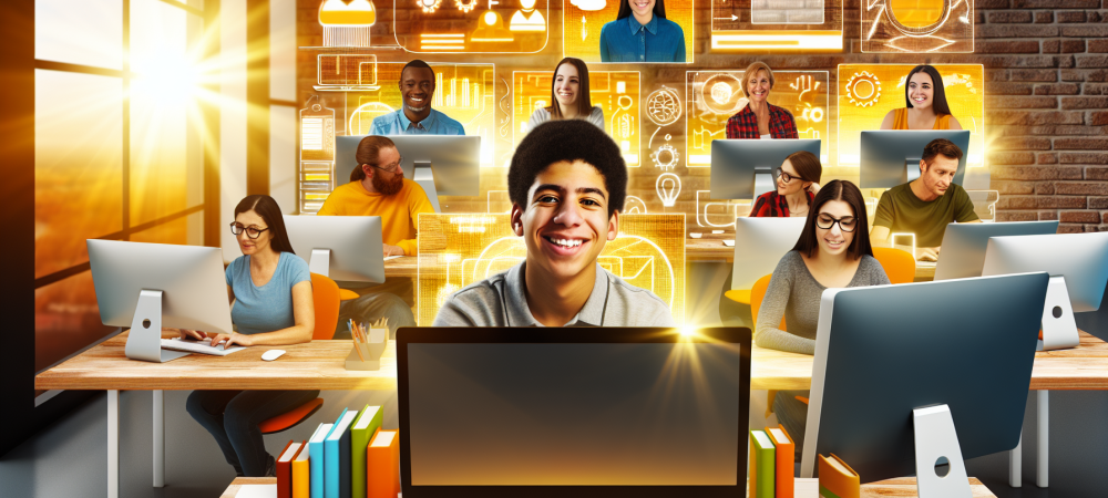 Alunos diversos em uma sala de aula virtual moderna, interagindo com gráficos e computadores em ambiente EAD.