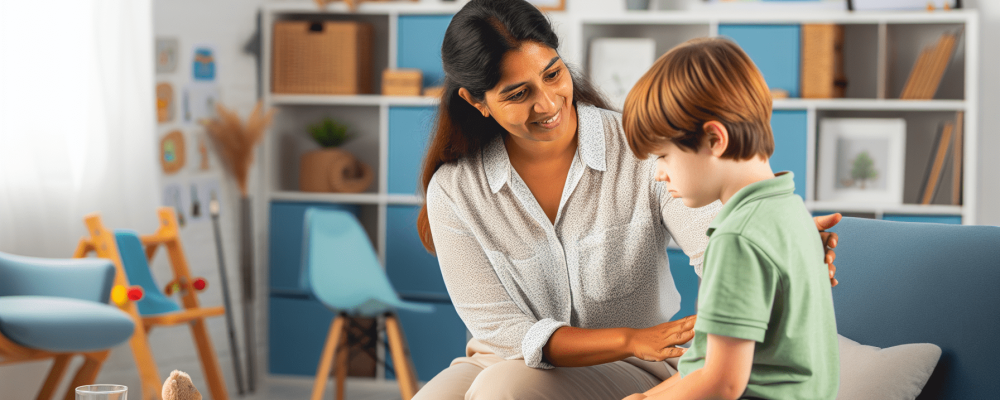 Terapeuta gentil interagindo com criança em sala de terapia acolhedora, mostrando sinais de autismo como dificuldade em comunicação.