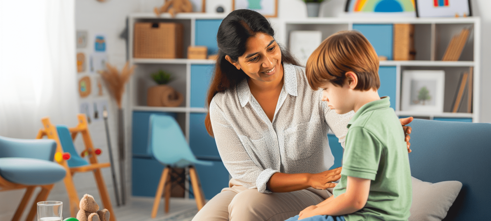 interacao-sinais-autismo-criancas.webp Terapeuta gentil interagindo com criança em sala de terapia acolhedora, mostrando sinais de autismo como dificuldade em comunicação.