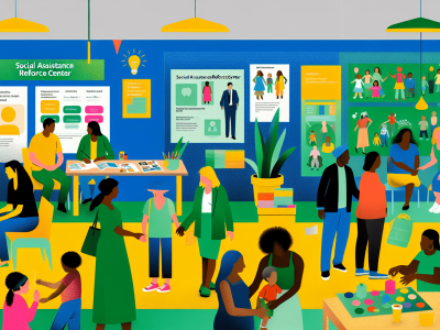 Profissionais de assistência social atendendo famílias no CRAS, ambiente acolhedor com cartazes e atividades lúdicas.