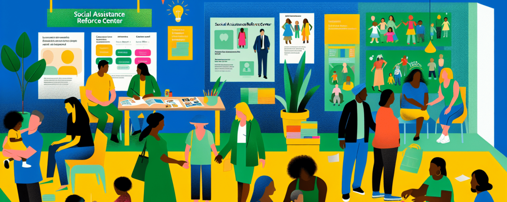 Profissionais de assistência social atendendo famílias no CRAS, ambiente acolhedor com cartazes e atividades lúdicas.