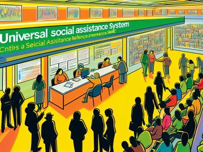 Ilustração do Sistema Único de Assistência Social no centro de referência, mostrando interação acolhedora com cartazes informativos.