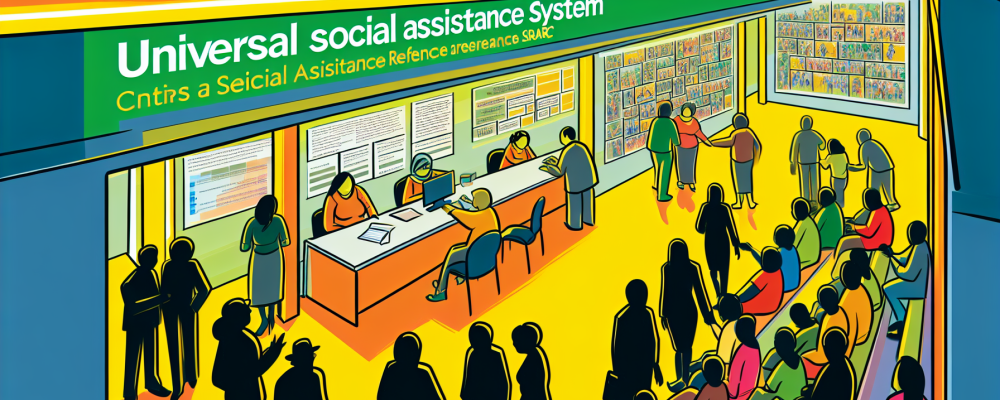 Ilustração do Sistema Único de Assistência Social no centro de referência, mostrando interação acolhedora com cartazes informativos.