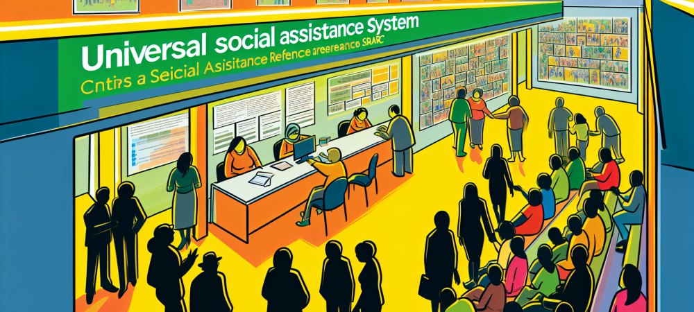interacao-suas-centro-referencia-social.webp Ilustração do Sistema Único de Assistência Social no centro de referência, mostrando interação acolhedora com cartazes informativos.