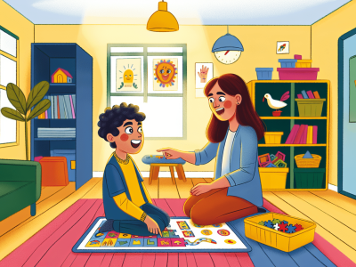 Terapeuta conduz atividade lúdica com criança em sala de terapia ABA iluminada e acolhedora.