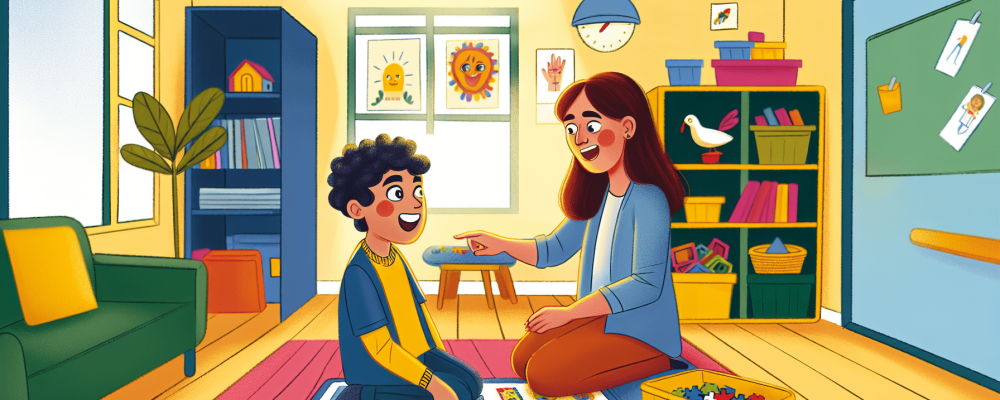 Terapeuta conduz atividade lúdica com criança em sala de terapia ABA iluminada e acolhedora.