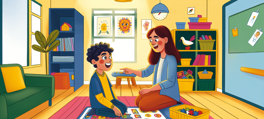 Terapeuta conduz atividade lúdica com criança em sala de terapia ABA iluminada e acolhedora.