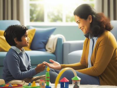 Uma criança e um adulto interagindo positivamente em um ambiente acolhedor com brinquedos e jogos educativos, promovendo a cooperação.