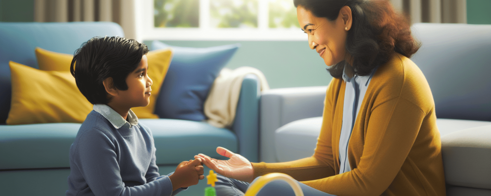 Uma criança e um adulto interagindo positivamente em um ambiente acolhedor com brinquedos e jogos educativos, promovendo a cooperação.