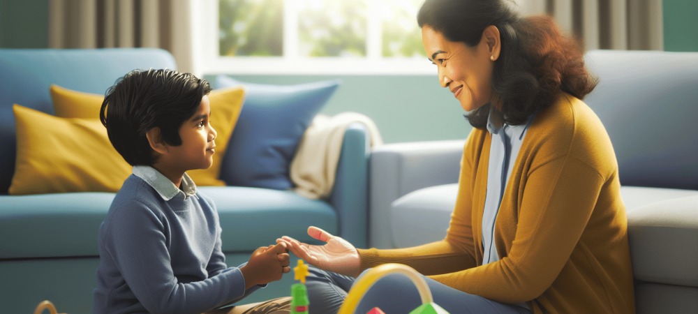 Uma criança e um adulto interagindo positivamente em um ambiente acolhedor com brinquedos e jogos educativos, promovendo a cooperação.