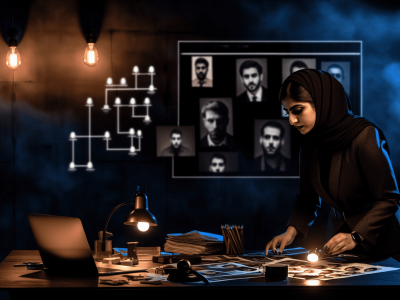 Cena de investigação criminal com detetive analisando evidências e perfis criminais em ambiente escuro.