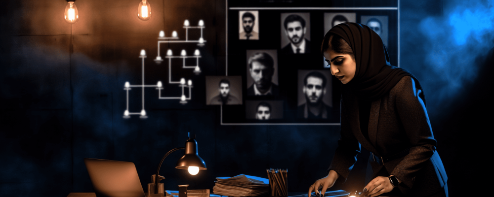 Cena de investigação criminal com detetive analisando evidências e perfis criminais em ambiente escuro.