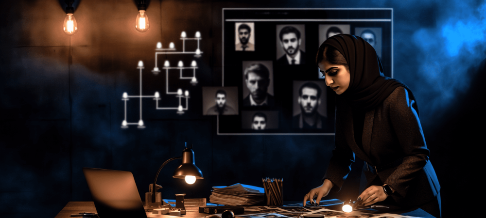Cena de investigação criminal com detetive analisando evidências e perfis criminais em ambiente escuro.