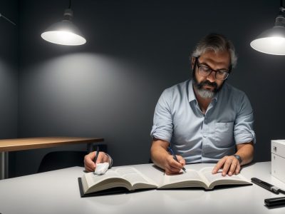 Cenário de investigação criminal com um investigador analisando arquivos e diagramas de perfil criminal em uma mesa.