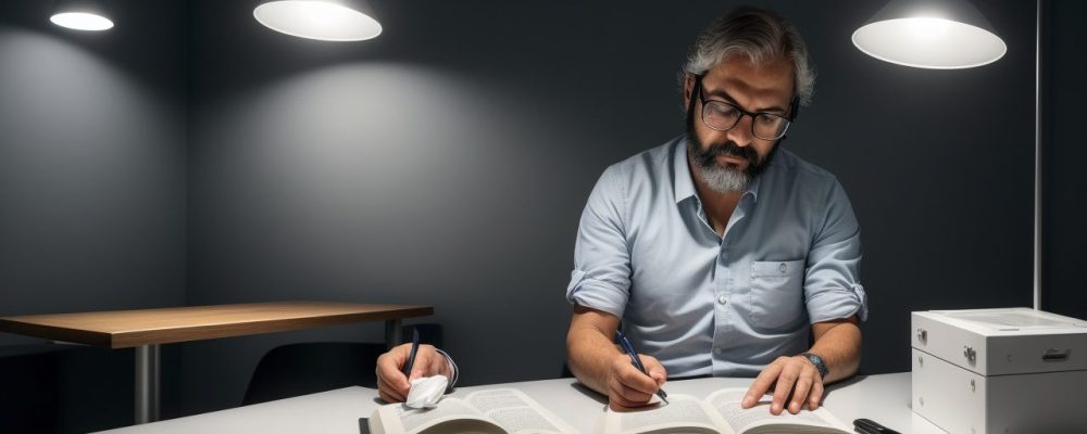 Cenário de investigação criminal com um investigador analisando arquivos e diagramas de perfil criminal em uma mesa.