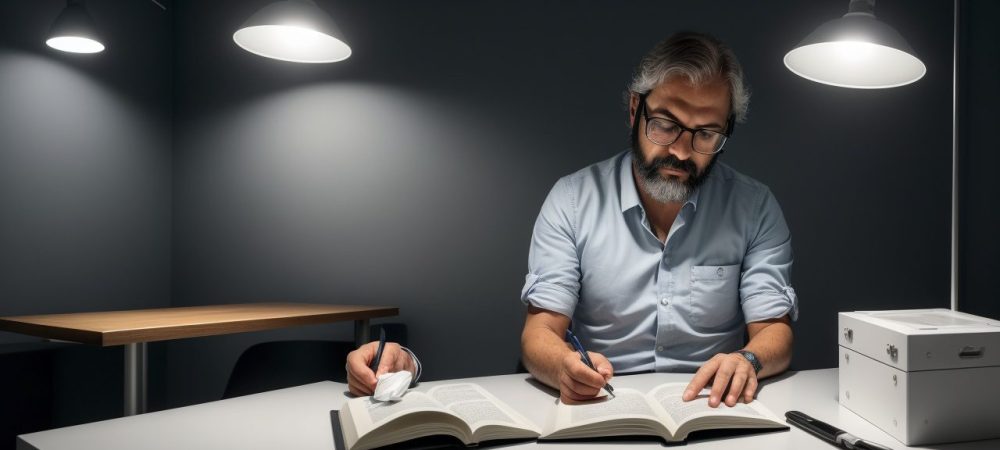 Cenário de investigação criminal com um investigador analisando arquivos e diagramas de perfil criminal em uma mesa.