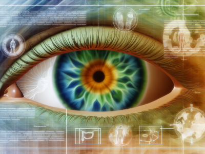 Imagem detalhada de uma íris humana com cores e padrões, representando a iridologia e análise da saúde.