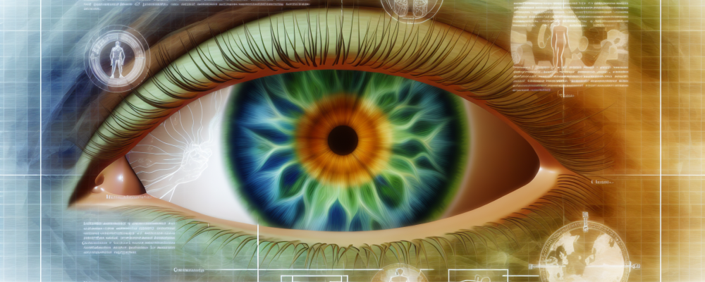 Imagem detalhada de uma íris humana com cores e padrões, representando a iridologia e análise da saúde.