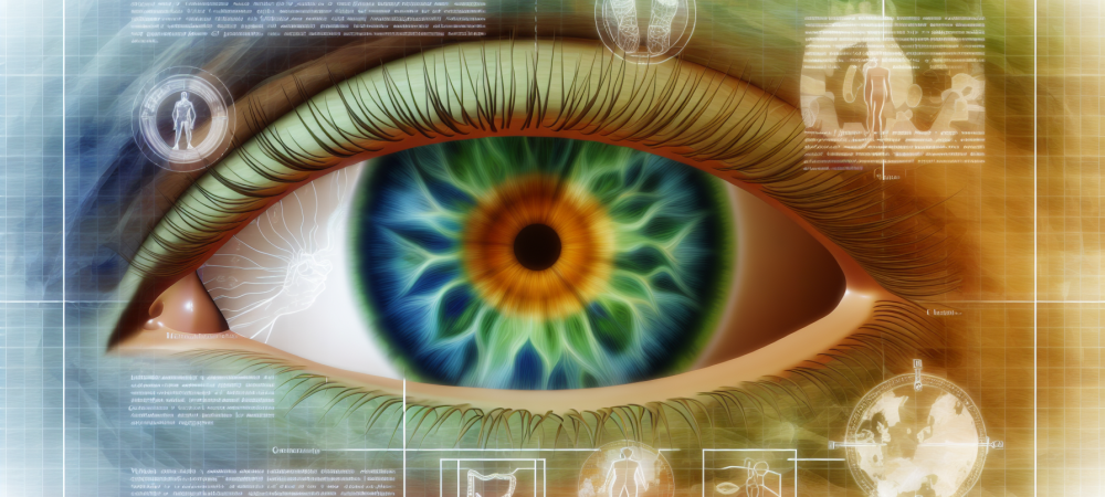 Imagem detalhada de uma íris humana com cores e padrões, representando a iridologia e análise da saúde.