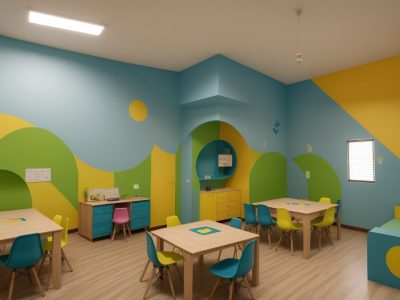 Sala de aula moderna com alunos sorrindo enquanto interagem com jogos de matemática, destacando fórmulas no quadro e ambiente iluminado naturalmente.