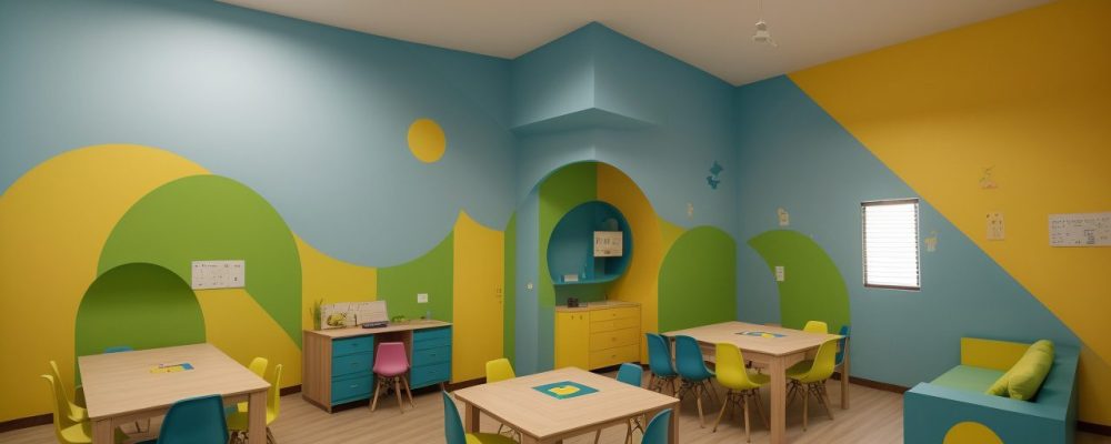 Sala de aula moderna com alunos sorrindo enquanto interagem com jogos de matemática, destacando fórmulas no quadro e ambiente iluminado naturalmente.